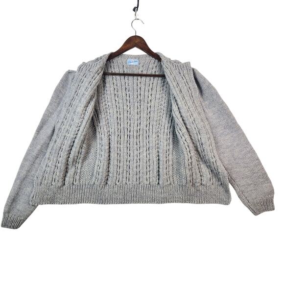 Hand Knit Gray Wool Cardigan Puff Sleeves Cable Knit Women’s SZ LG GUC - Picture 3 of 8